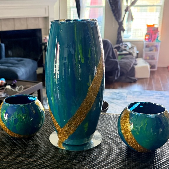 Artistic Teal and Gold Vase Trio